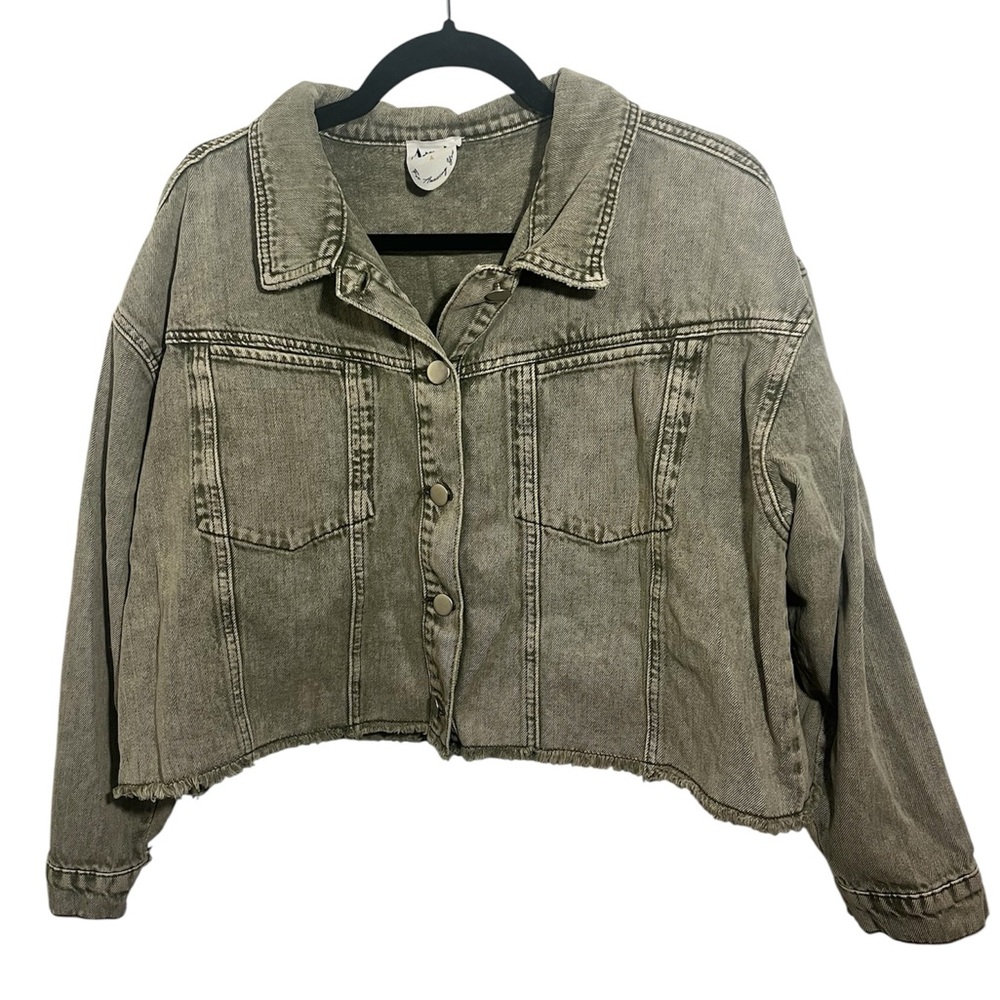 ARULA Cropped Washed Green/Gray Denim Jacket